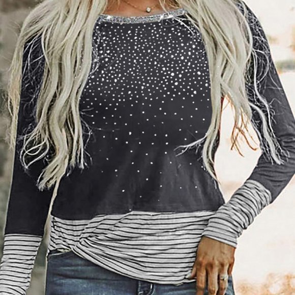 JUST IN! GRAY Rhinestone beaded Long Sleeve Top - Picture 2 of 14